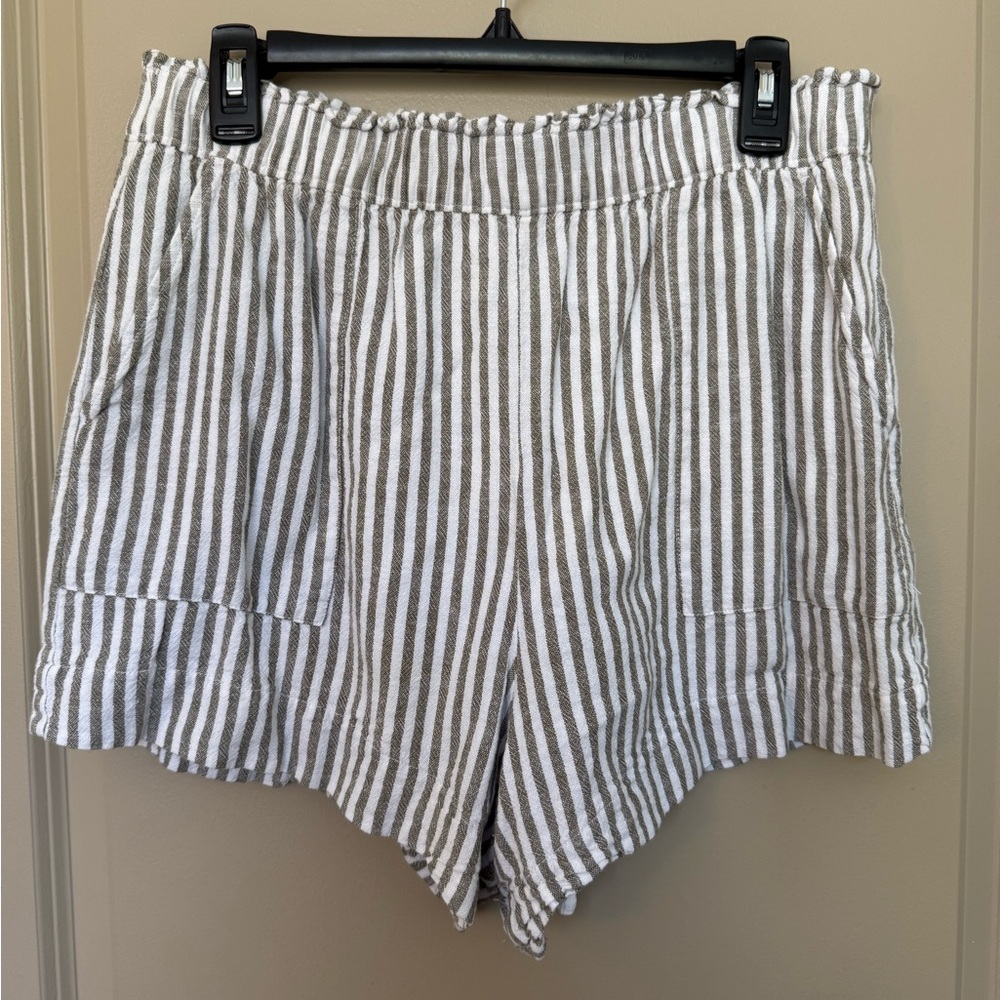 Abercrombie & Fitch White and Olive Green Striped High Waist Shorts